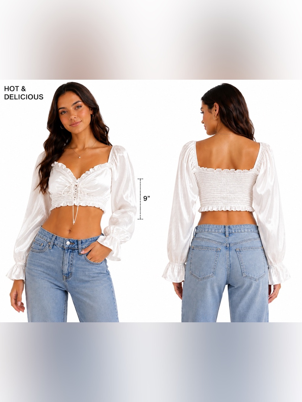 Hot‎ & Delicious White Satin Smocked Crop Top Size Small Cottagecore Coquette